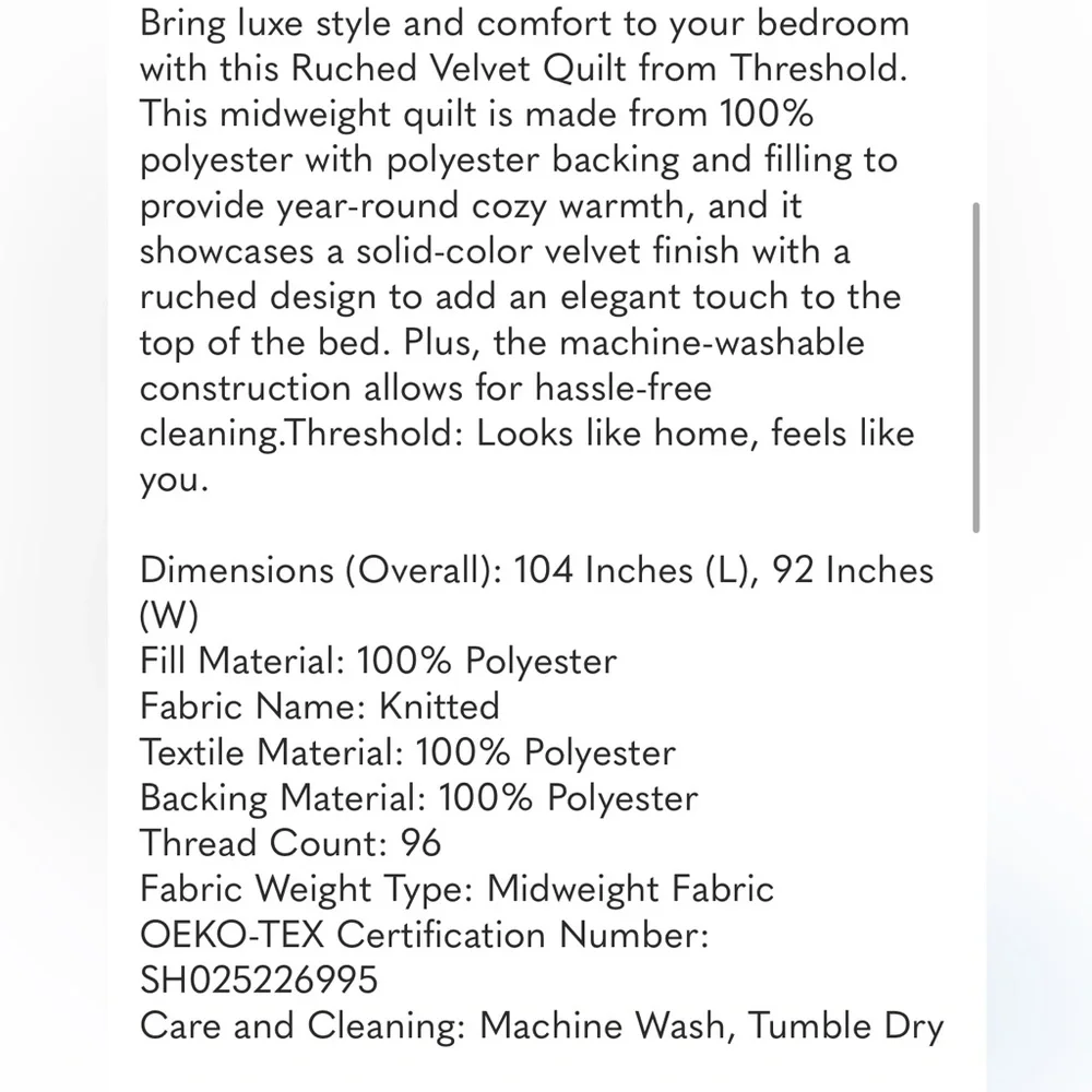 THRESHOLD NWT ruched velvet quilt -gray -king